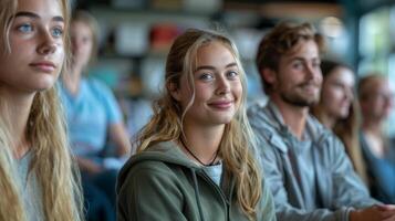 gruppo apprendimento primo aiuto nel un' casuale ambientazione con sorrisi foto