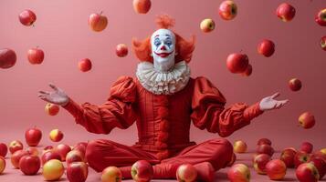 colorato clown giocoleria mele con un' gioioso espressione foto