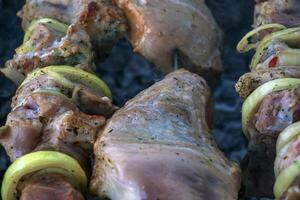 cucinando kebab su un' griglia con Fumo. fresco Marrone bbq carne cucinato su un all'aperto griglia foto