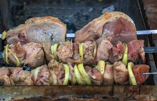 cucinando kebab su un' griglia con Fumo. fresco Marrone bbq carne cucinato su un all'aperto griglia foto