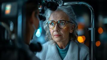 anziano donna durante occhio pressione test con oculista foto