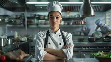 bellissimo femmina capocuoco nel uniforme nel un' ristorante cucina. neurale Rete foto