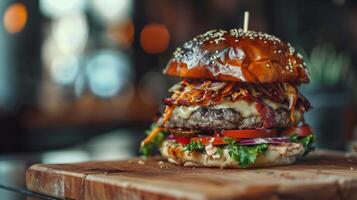 assaporare il gusto indulgere nel un' delizioso hamburger, un' delizioso culinario diletto per assaporare e godere foto