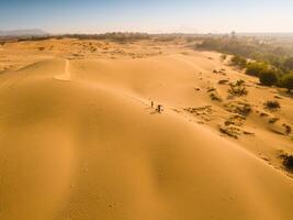 aereo Visualizza di un' contadino donna trasporta un' bambù telaio su il spalla attraverso sabbia dune nel ninh gio Provincia, Vietnam. esso è uno di il maggior parte bellissimo posti nel Vietnam foto