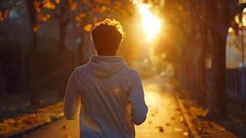 un' uomo su un' jog nel il parco a mattina Alba foto