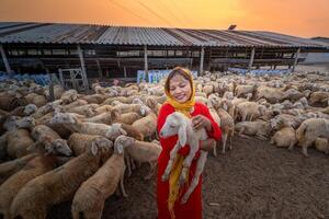 vietnamita donna con agnello su un' campagna, un' pecora azienda agricola nel il steppa zona nel ninh gio Provincia, Vietnam. foto