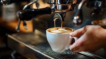 barista preparazione delizioso aromatico caffè vicino il caffè macchina. foto