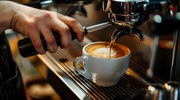 barista preparazione delizioso aromatico caffè vicino il caffè macchina. foto