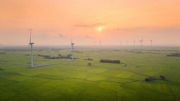 Visualizza di turbina verde energia elettricità, mulino a vento per elettrico energia produzione, vento turbine generando elettricità su riso campo a phan suonò, ninh gio Provincia, Vietnam foto