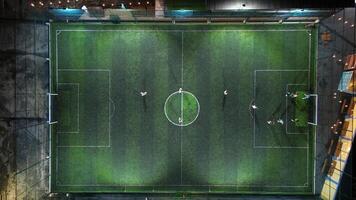 aereo Visualizza di mini calcio incontro, calcio. minicalcetto campo e calciatori a partire dal fuco foto