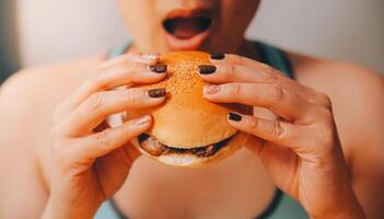 abbuffata mangiare disturbo concetto con donna mangiare veloce cibo hamburger, licenziato pollo , ciambelle e dolci foto