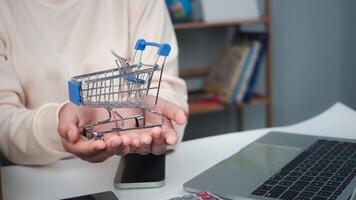 attività commerciale donna Tenere shopping carrello rappresentare per su linea memorizzare o e commercio marketing connessione, in linea shopping concetti con pagamento il suo ordine su un' lotto di Prodotto pacchetto scatola. foto