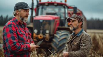 agronomo e venditore discutere al di sopra di trattore nel terreni agricoli foto