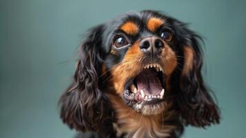 cavaliere re charles spaniel, arrabbiato cane scoprendo suo denti, studio illuminazione pastello sfondo foto