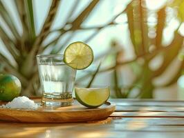 di legno vassoio con bicchiere di acqua e Limes. foto