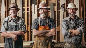 tre uomini nel difficile cappelli e tuta da lavoro in piedi insieme. foto