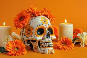 cranio con fiori accanto candele. foto