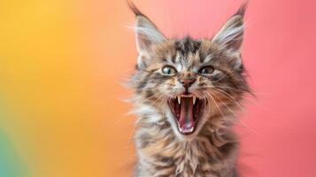 folletto, arrabbiato gatto scoprendo suo denti, studio illuminazione pastello sfondo foto