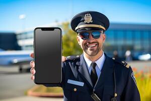 pilota mostrando vuoto nero schermo smartphone a aeroporto foto
