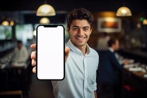 uomo mostrando vuoto schermo smartphone nel ristorante foto