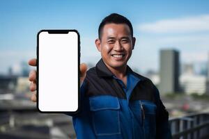 asiatico tecnico uomo mostrando nero vuoto schermo smartphone su sfocato all'aperto sfondo foto