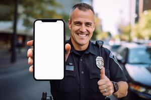 polizia mostrando vuoto bianca schermo smartphone con pollice su cartello a strada foto