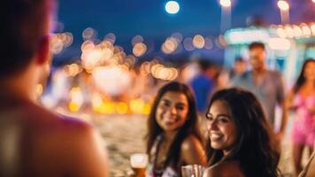 sfocato persone è avendo un' spiaggia festa a notte nel il estate evento Festival vacanza su un' sfocato sfondo foto