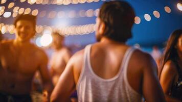 sfocato persone è avendo un' spiaggia festa a notte nel il estate evento Festival vacanza su un' sfocato sfondo foto