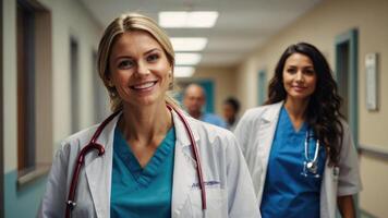 femmina medici nel il ospedale corridoio foto