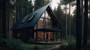 un' moderno cabina nel il boschi foto
