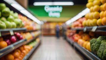 supermercato memorizzare scaffali con frutta e verdure con sfocato sfondo foto