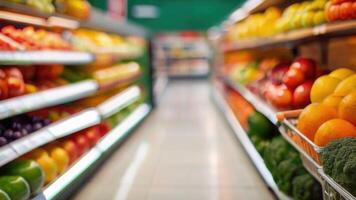 supermercato memorizzare scaffali con frutta e verdure con sfocato sfondo foto