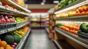 supermercato memorizzare scaffali con frutta e verdure con sfocato sfondo foto