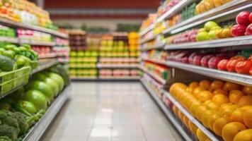 supermercato memorizzare scaffali con frutta e verdure con sfocato sfondo foto