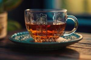 ai generato trasparente tazza di tè su un' di legno tavolo foto