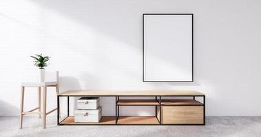 mobile tv in loft interni con pareti in mattoni bianchi, design minimali, rendering 3d foto
