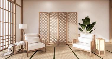 poltrona in legno e divisorio giapponese su interni tropicali in camera con pavimento in tatami e parete bianca.rendering 3d foto