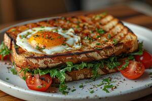 bistro stile uovo e pomodoro Panini, piovigginato con aromatico erbe aromatiche, menù ristorante foto