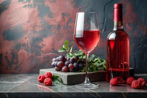 un' bottiglia di il migliori rosso vino accoppiato con succoso uva, un' celebrazione di vigneto mestiere foto