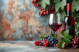 lussuoso rosso vino nel bicchiere e bottiglia, Perfetto per sofisticato raduni e silenzioso serate foto