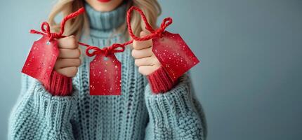 donna nel accogliente maglione Tenere festivo rosso regalo tag con fiocchi di neve, i saldi concetto foto