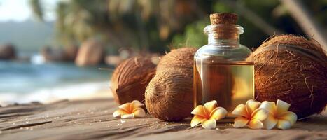 Noce di cocco olio nel un' bicchiere bottiglia e Noce di cocco su un' di legno tavolo contro il sfondo di il mare e palma alberi foto