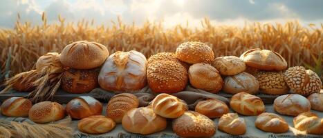 pane su tavolo nel Grano campo. appena al forno panini e rotoli su tovaglia nel Grano campo. foto