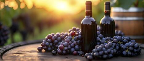 rosso vino bottiglia e uva su di legno tavolo nel vigneto a tramonto. foto