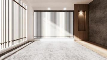 la stanza vuota in stile giapponese e lampada verso il basso luce sul design in legno della parete dello scaffale. Rendering 3d foto