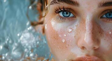 vicino su di giovane donna di viso nel acqua gocce su sfocato blu acqua sfondo foto