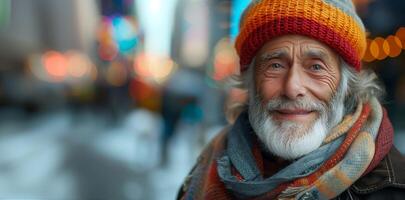 nascosto di molti, un' senza casa dell'uomo ottimista sguardo sfide il indifferenza di vivace città vita, copia spazio foto