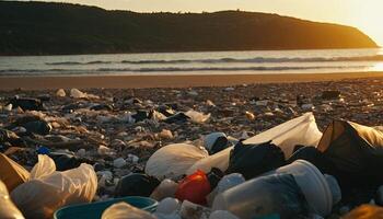 spiaggia coperto nel spazzatura, Compreso plastica tazze e bottiglie. il sole è ambientazione nel il sfondo, la creazione di un' lunatico atmosfera. foto