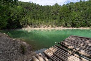 un' di legno ponte campate un' corpo di acqua, con alberi nel il sfondo. il scena è sereno e tranquillo, calmo, con il acqua riflettendo il circostante alberi e il ponte. foto