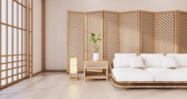 partizione giapponese su camera tropicale interna con pavimento in tatami e parete bianca.3d rendering foto